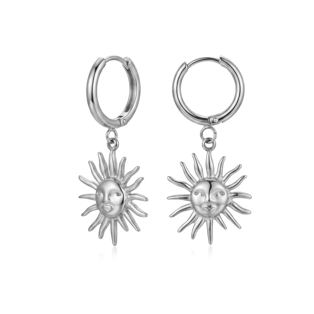 QIAOREN 10969 High Quality Sun Charm Drop Hoops, Stainless Steel 18K Gold Plated Tarnish Resistant Fashion Earrings