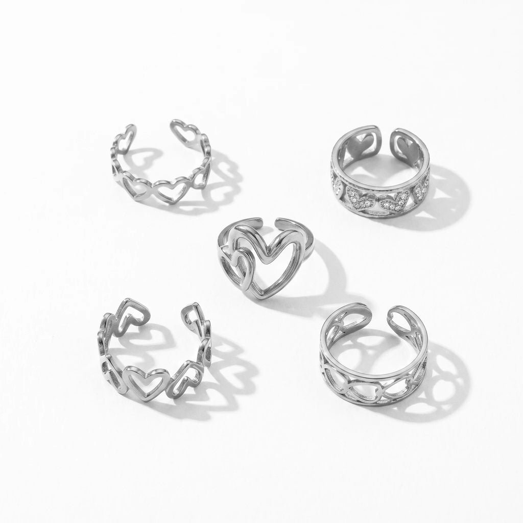 QIAOREN 10713 Stainless Steel Gold Adjustable Open Rings Multi Hollow Heart Zircon Stack Finger Jewelry For Women