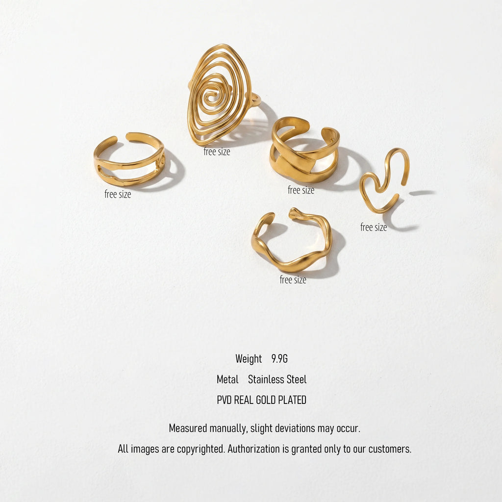 QIAOREN 5Pcs 18K Gold Plated Stainless Steel Adjustable Open Ring Set Spiral Wave Stackable Statement Rings for Women