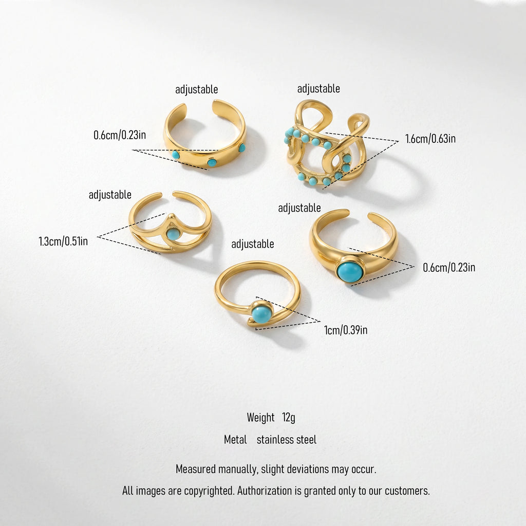 QIAOREN 5Pcs Gold Stainless Steel Turquoise Open Ring Set Irregular Hammered Crown Adjustable Boho Stackable Rings