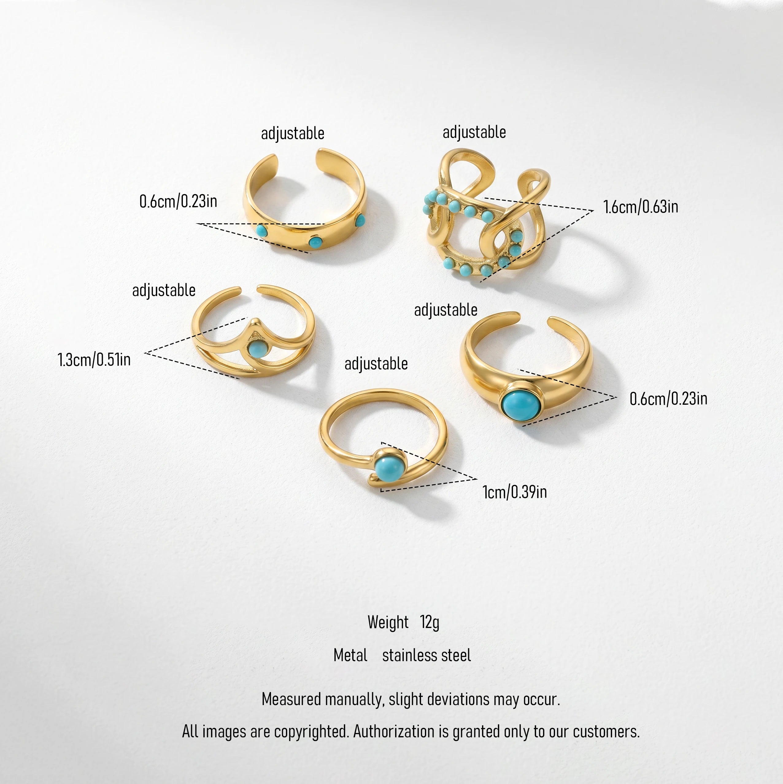 QIAOREN 5Pcs Gold Stainless Steel Turquoise Open Ring Set Irregular Hammered Crown Adjustable Boho Stackable Rings