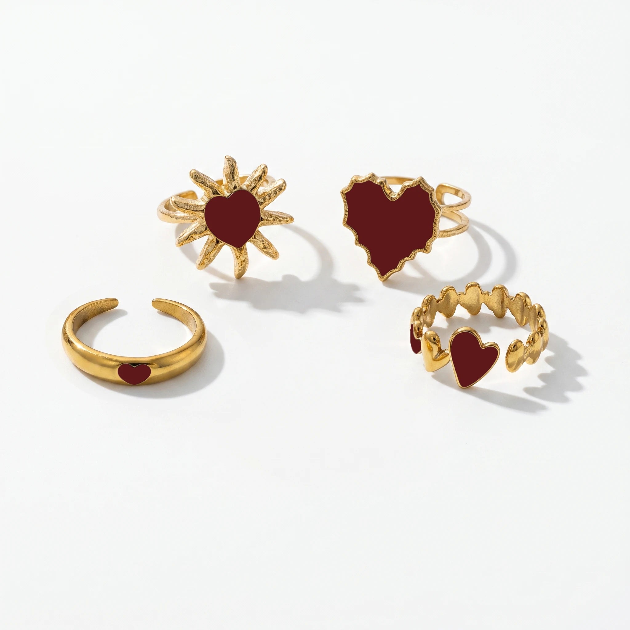 QIAOREN 14180-83 Red Enamel Heart & Sun Open Ring Set, Irregular Love Shape Adjustable Stackable Ring Jewelry Gift