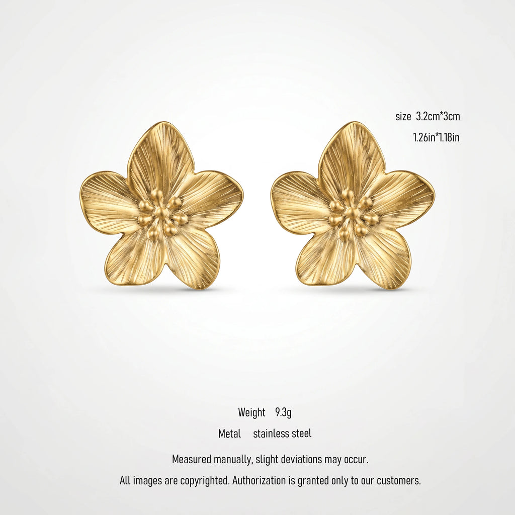 QIAOREN 10913 3.2cm Large Embossed Flower Stud Earrings 18K Gold Plated Stainless Steel Hypoallergenic No Fade for Women