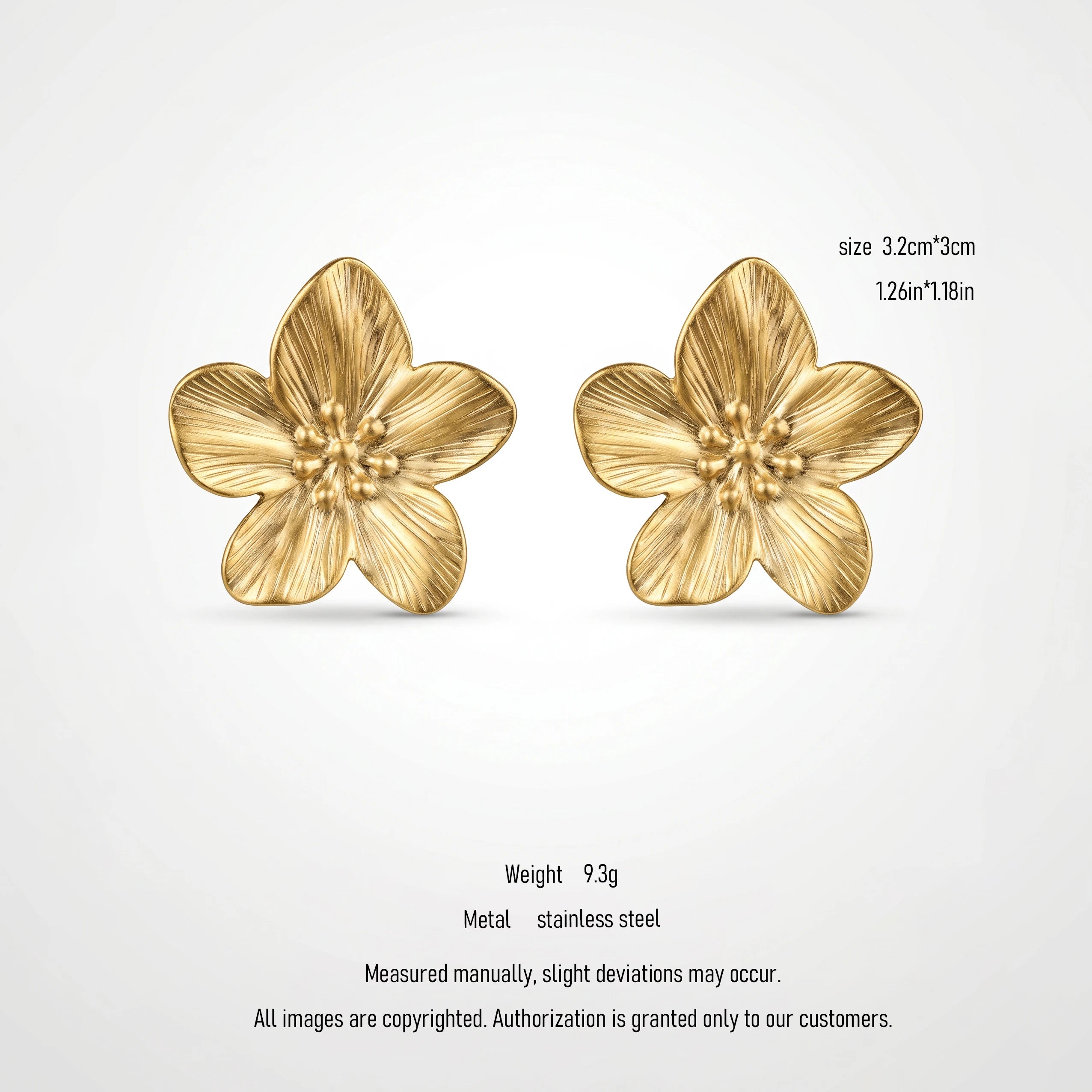 QIAOREN 10913 3.2cm Large Embossed Flower Stud Earrings 18K Gold Plated Stainless Steel Hypoallergenic No Fade for Women