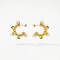 QIAOREN 12509 Elegant Quiet Luxury Molten Pearl Emerald Green Zircon Hoops Stainless Steel Vintage Statement
