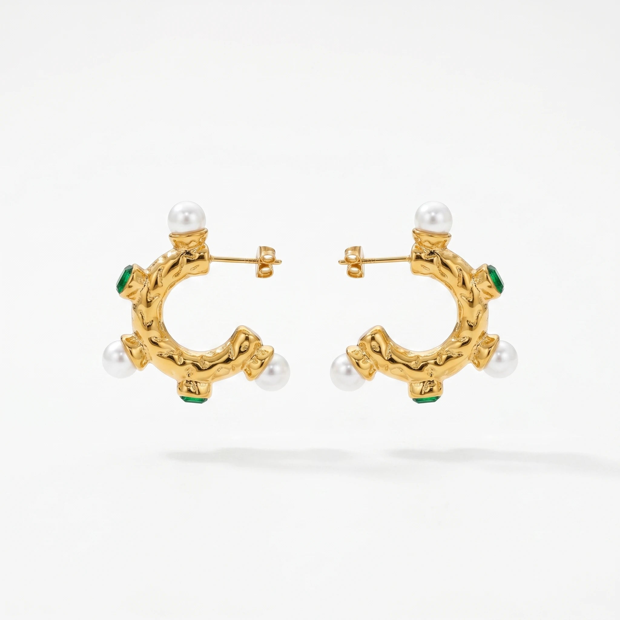QIAOREN 12509 Elegant Quiet Luxury Molten Pearl Emerald Green Zircon Hoops Stainless Steel Vintage Statement