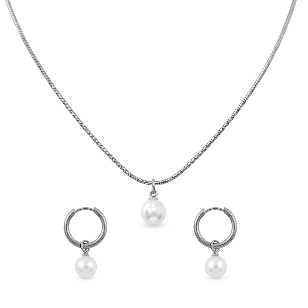 QIAOREN 11591 Elegant Minimalist Pearl Jewelry Set 18K Gold Stainless Steel Necklace and Hoop Earrings for Women