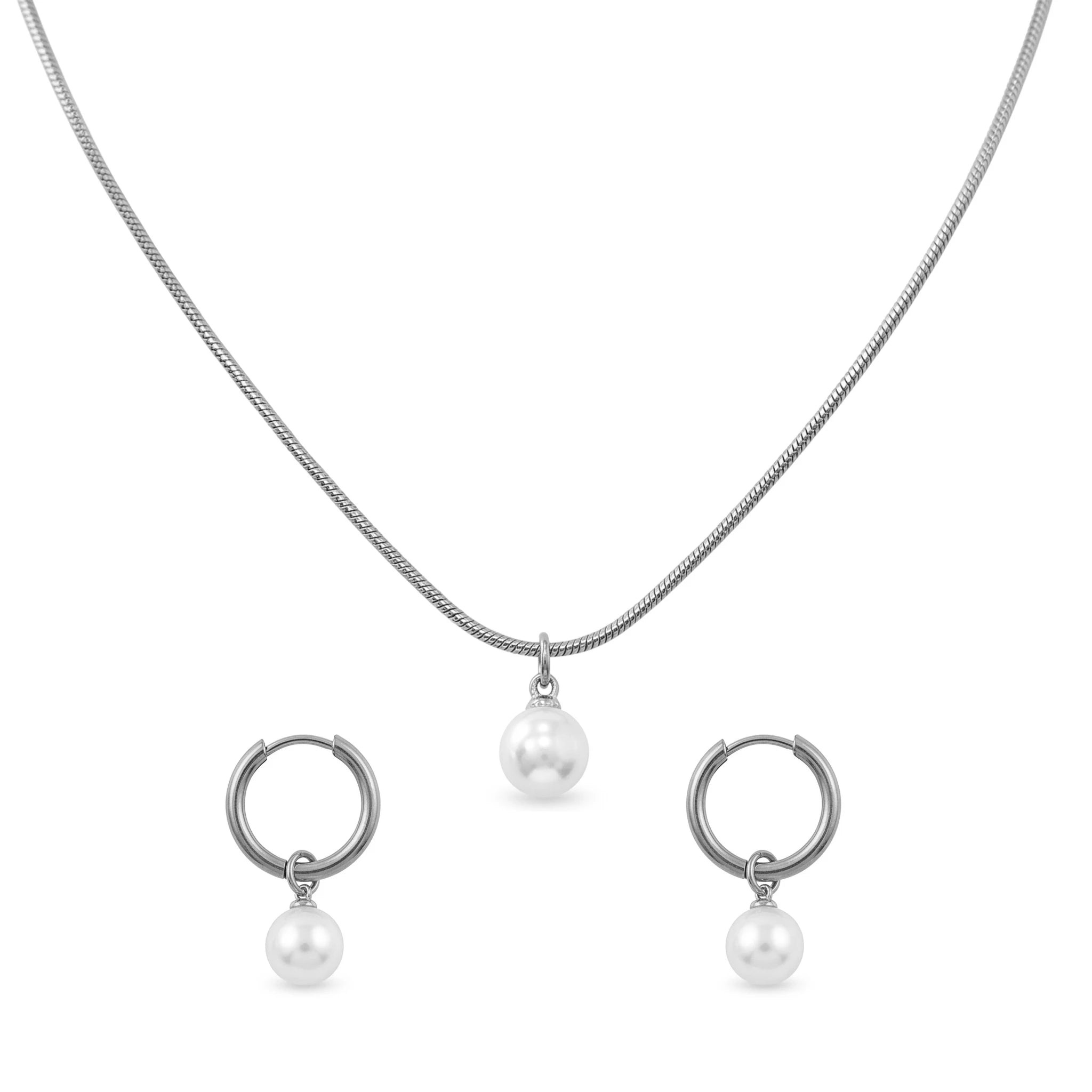 QIAOREN 11591 Elegant Minimalist Pearl Jewelry Set 18K Gold Stainless Steel Necklace and Hoop Earrings for Women