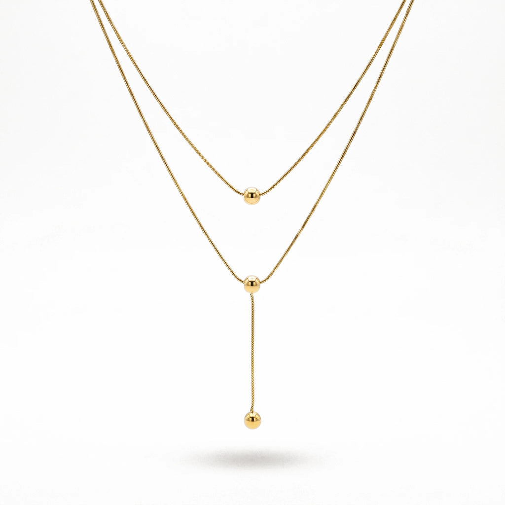 QIAOREN 13462 Minimalist Double Layer Snake Chain Necklace with Sliding Round Ball Pendants, Dainty Simple Neck Jewelry Gift
