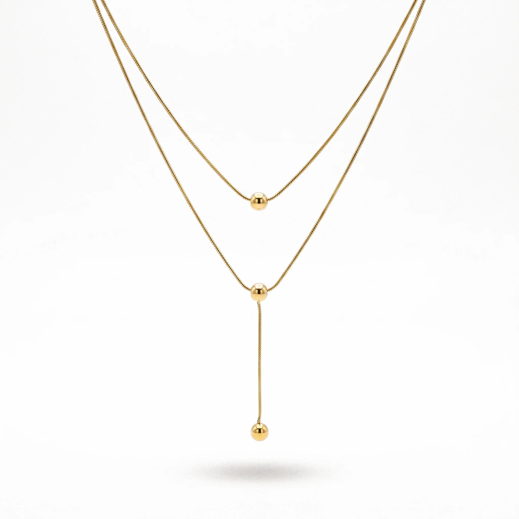 QIAOREN 13462 Minimalist Double Layer Snake Chain Necklace with Sliding Round Ball Pendants, Dainty Simple Neck Jewelry Gift