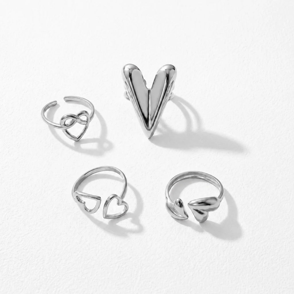 QIAOREN 14149-57 Heart Theme Stackable Open Ring Set, Multi Styles Love Shape Adjustable Ring Jewelry Gift for Daily Outfits