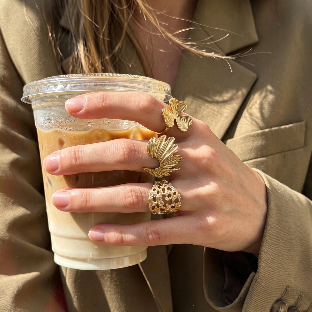 QIAOREN 14251- 61 Vintage Textured Gold Open Cuff Ring Set, Hippie Bohemian Stackable Adjustable Rings for Women