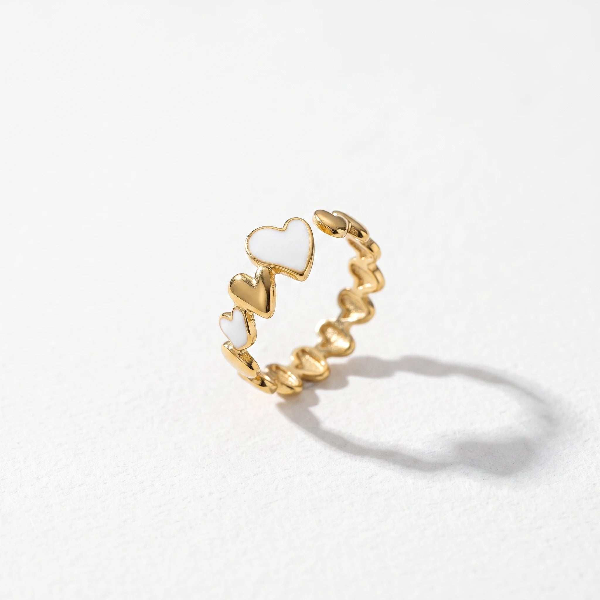 QIAOREN 14165-68 Heart & Sun Pattern Open Ring Set, White Mica Enamel Inlaid Adjustable Stackable Ring Jewelry Gift