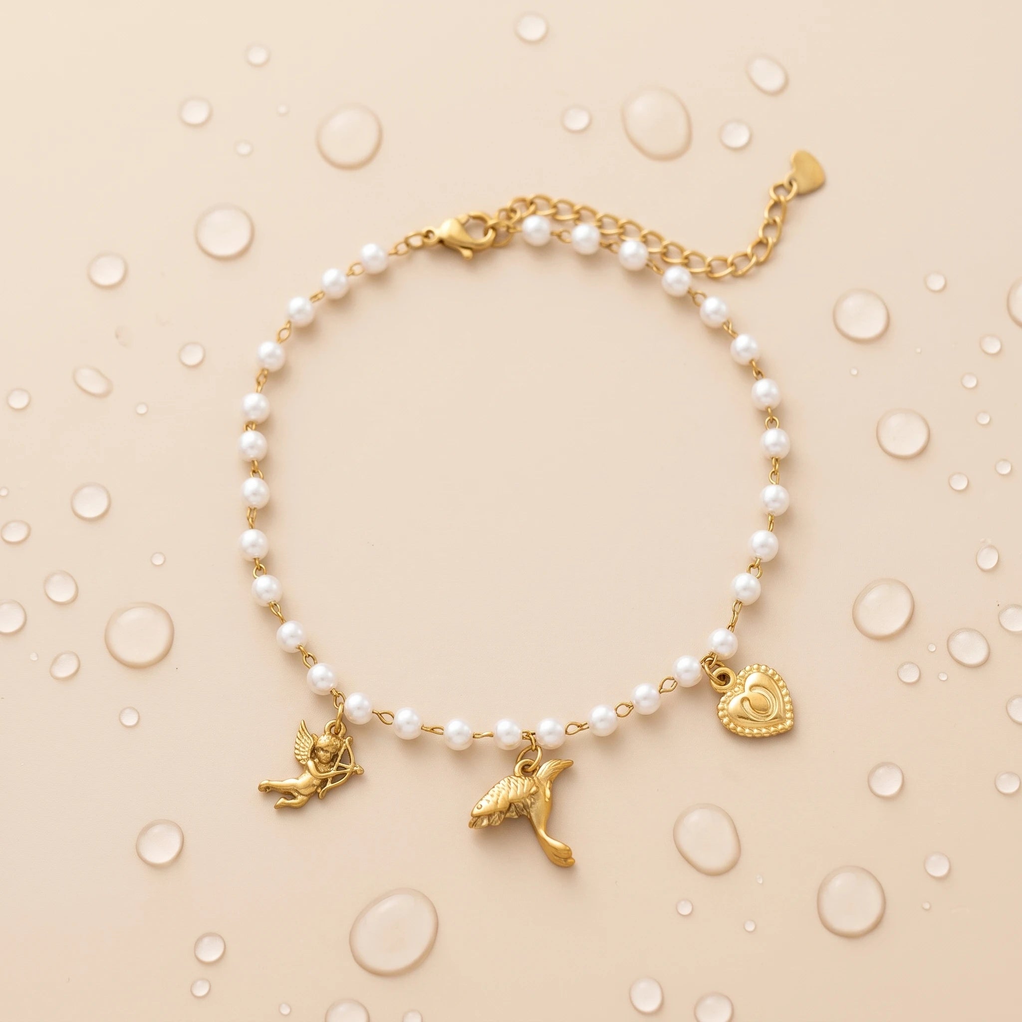 QIAOREN 13321 Sweet Tiny Pearl Anklet with Cupid, Dove & Heart Charms, Retro Love Foot Jewelry Gift for Daily Looks