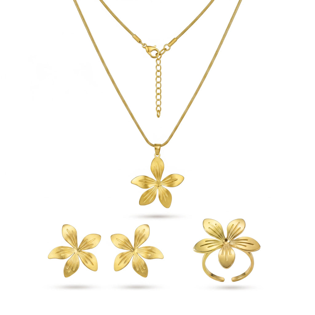QIAOREN 11067 Luxury 18K Gold Plumed Flower Jewelry Set Stainless Steel Necklace Earrings Ring for Women Party