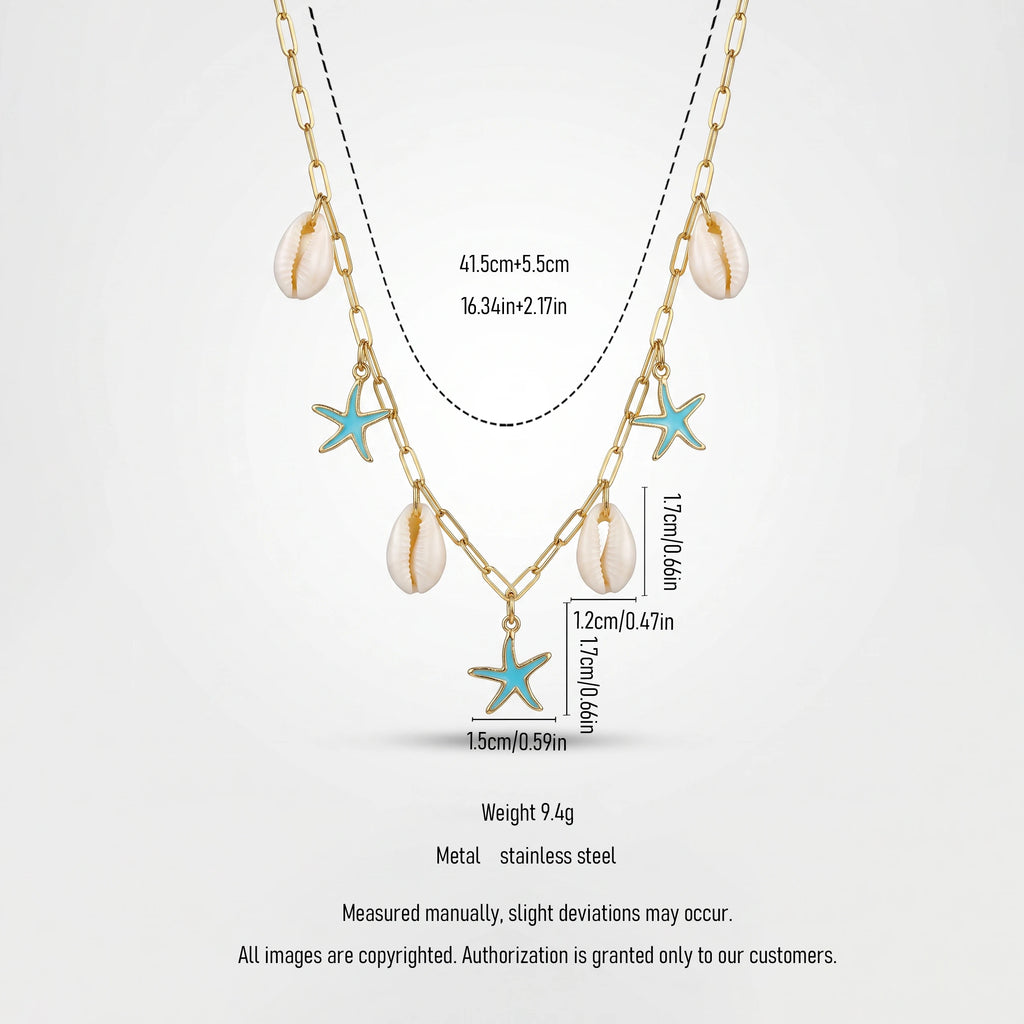 QIAOREN 13540 Paperclip Necklace with Natural Shell & Blue Enamel Starfish Charms, Gold Ocean Beach Necklace