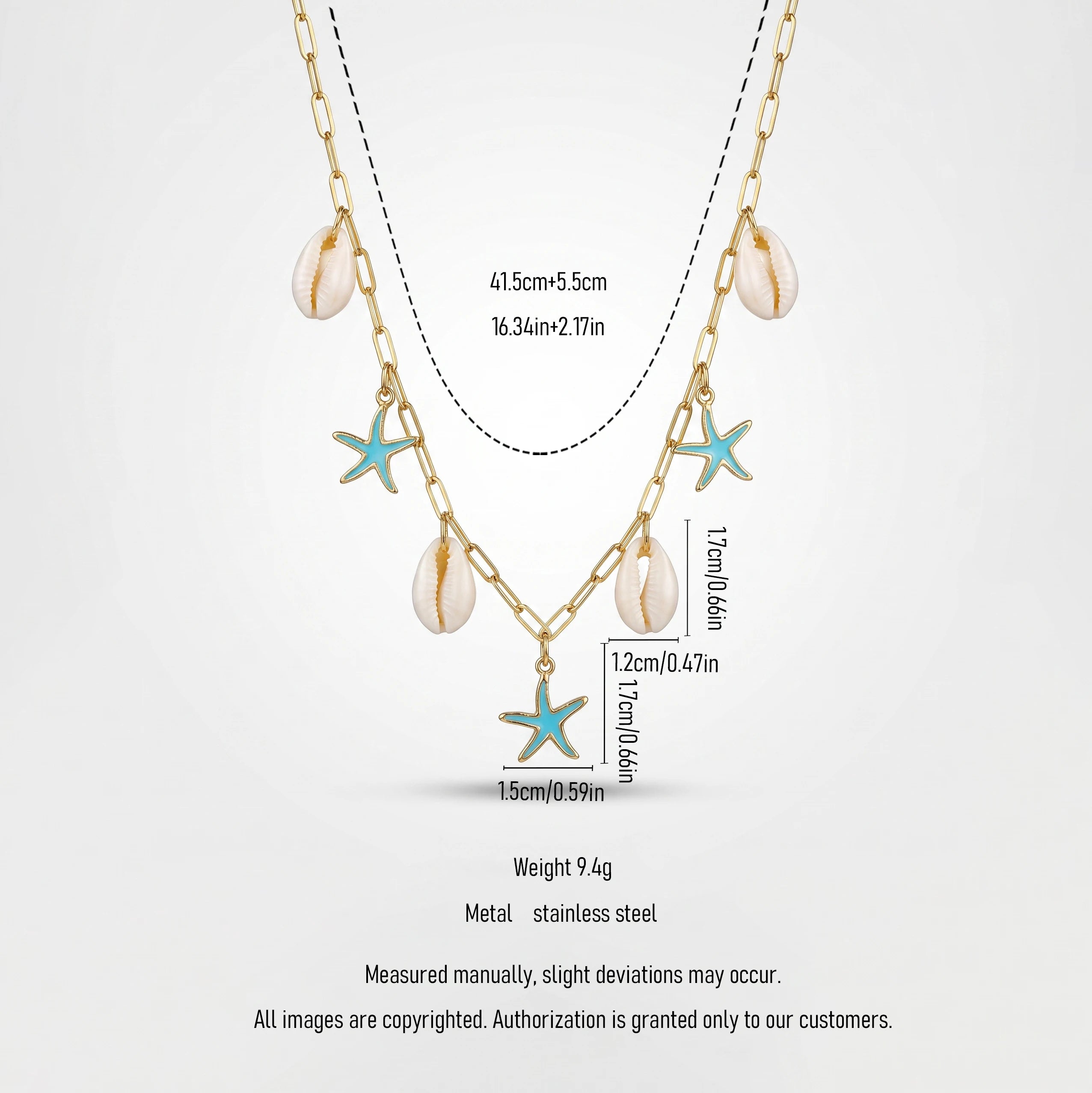 QIAOREN 13540 Paperclip Necklace with Natural Shell & Blue Enamel Starfish Charms, Gold Ocean Beach Necklace