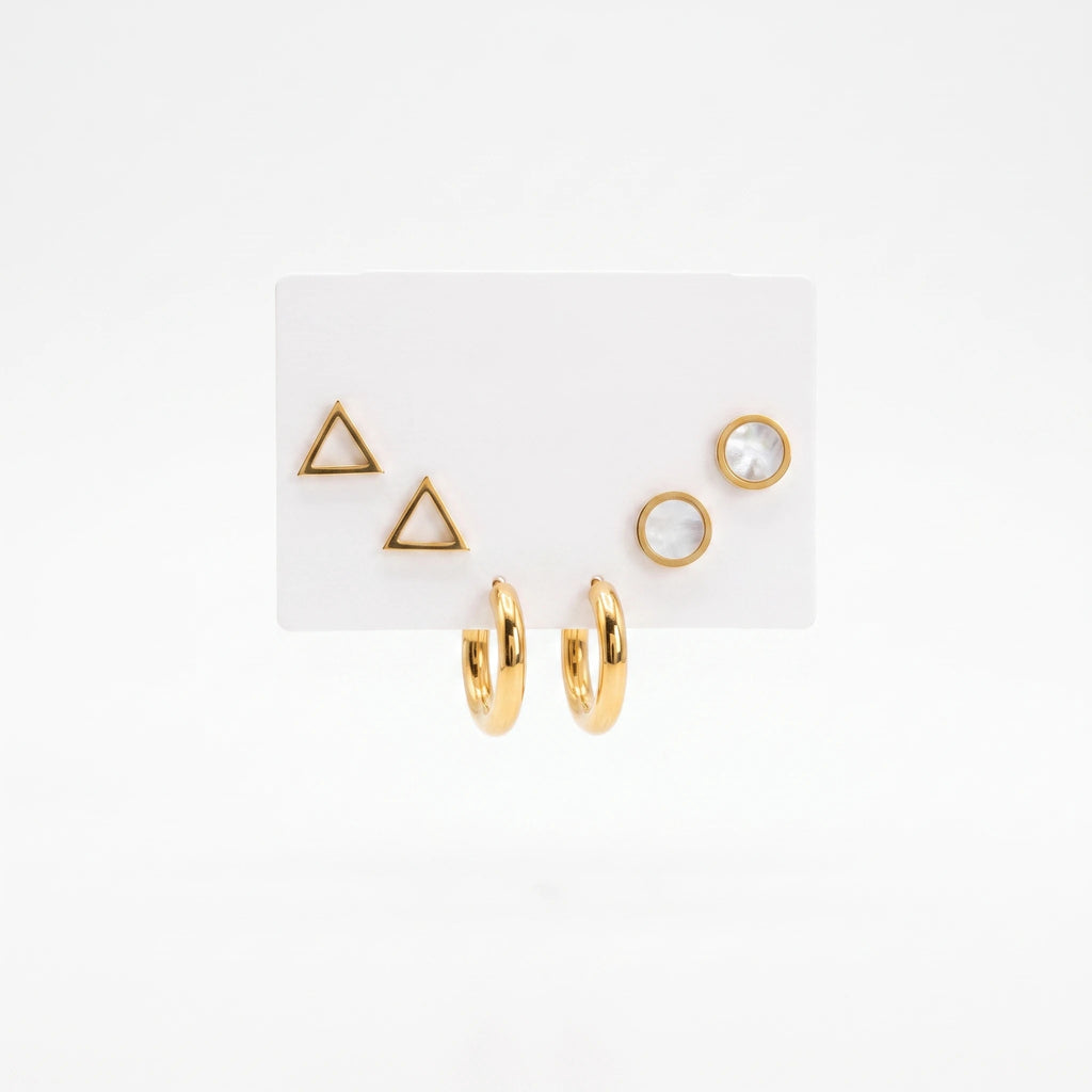 QIAOREN 14470 3 Pair Gold Stainless Steel Earrings Set, Triangle Shell Studs, Round Shell Inlay Studs & Thick Smooth Stud