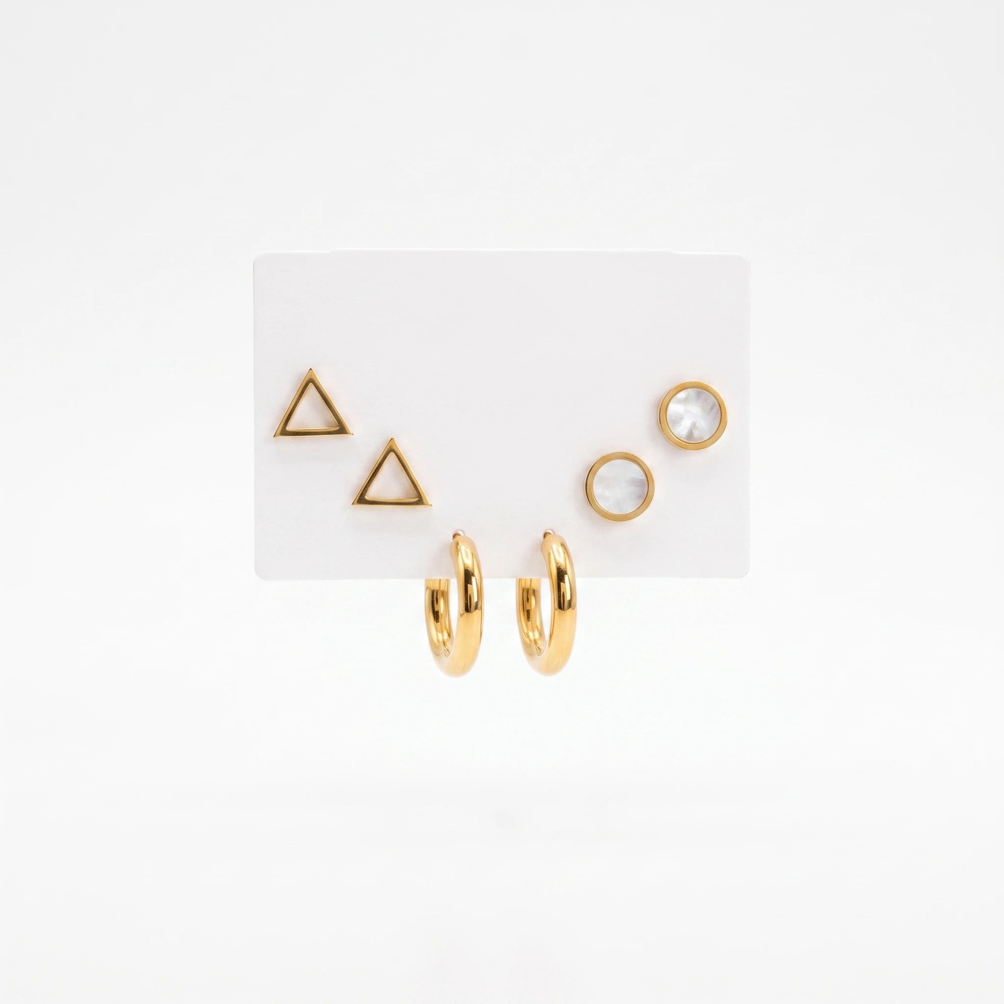 QIAOREN 14470 3 Pair Gold Stainless Steel Earrings Set, Triangle Shell Studs, Round Shell Inlay Studs & Thick Smooth Stud