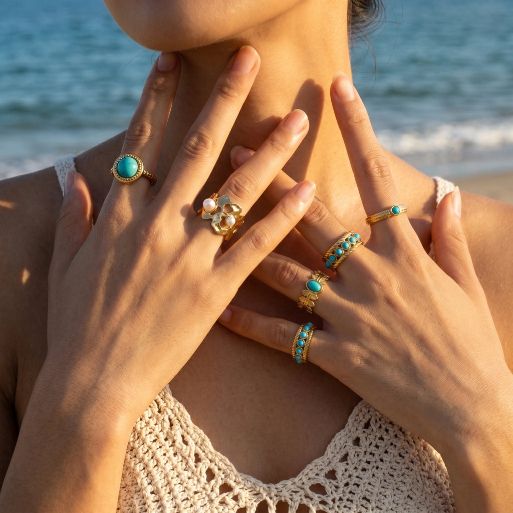 QIAOREN 5Pcs Gold Stainless Steel Turquoise Open Ring Set Irregular Hammered Crown Adjustable Boho Stackable Rings