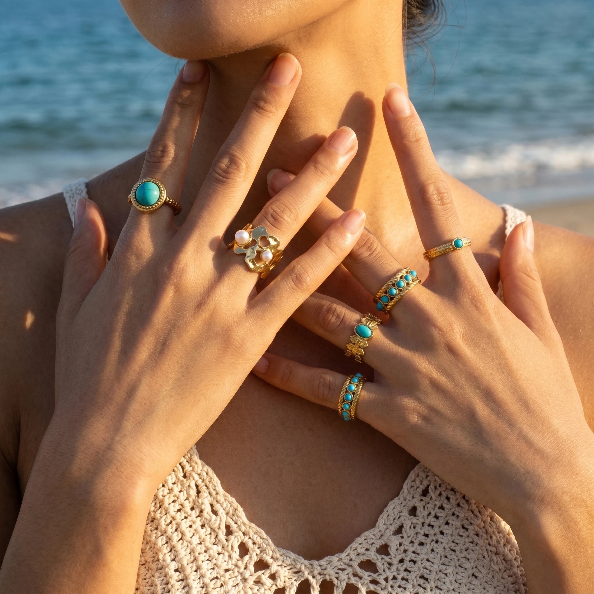 QIAOREN 5Pcs Gold Stainless Steel Turquoise Open Ring Set Irregular Hammered Crown Adjustable Boho Stackable Rings