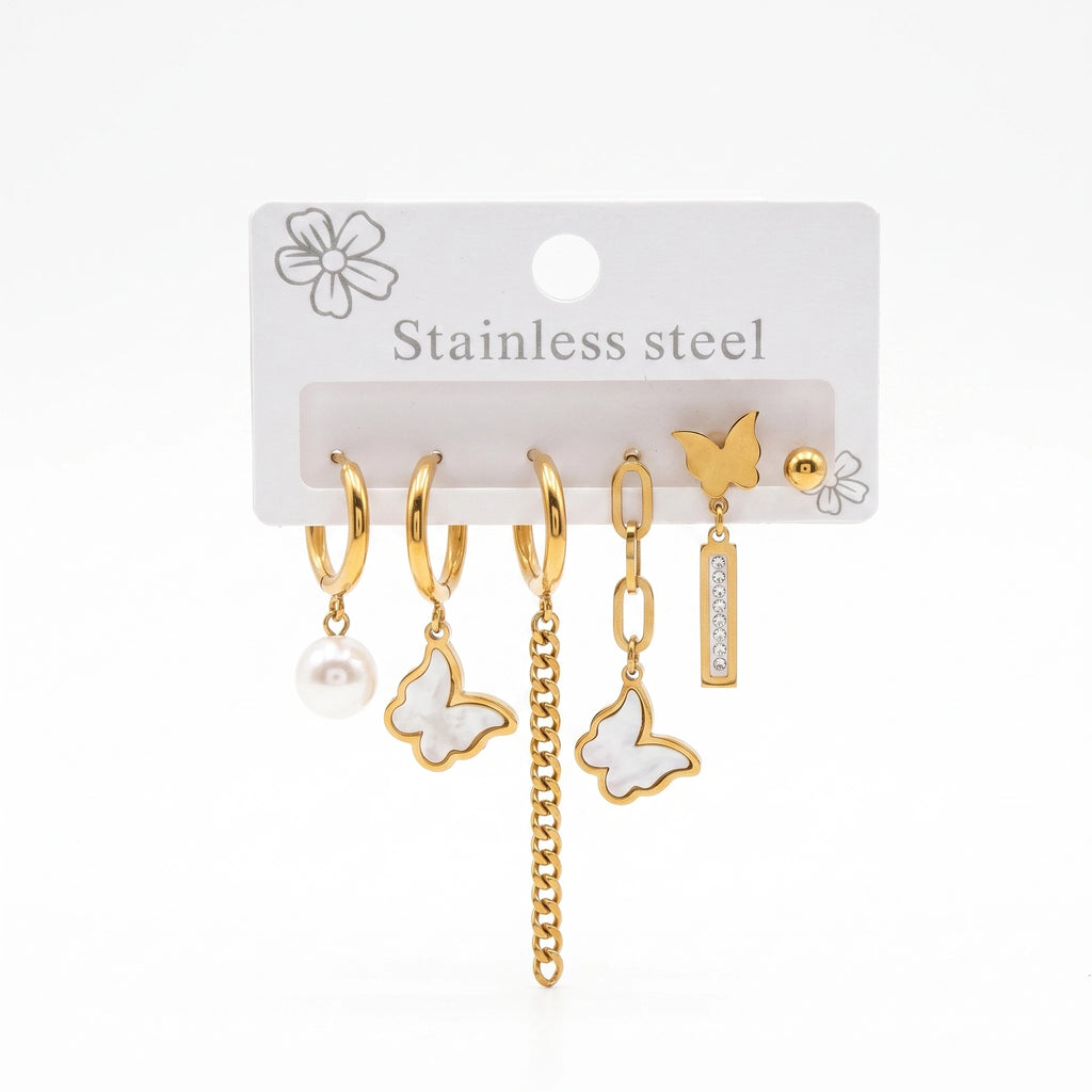 QIAOREN 14480 Stainless Steel Gold Huggie Hoop Earrings Set, Shell Butterfly, Pearl, Chain Tassel & Bar Zircon Dangle Jewelry