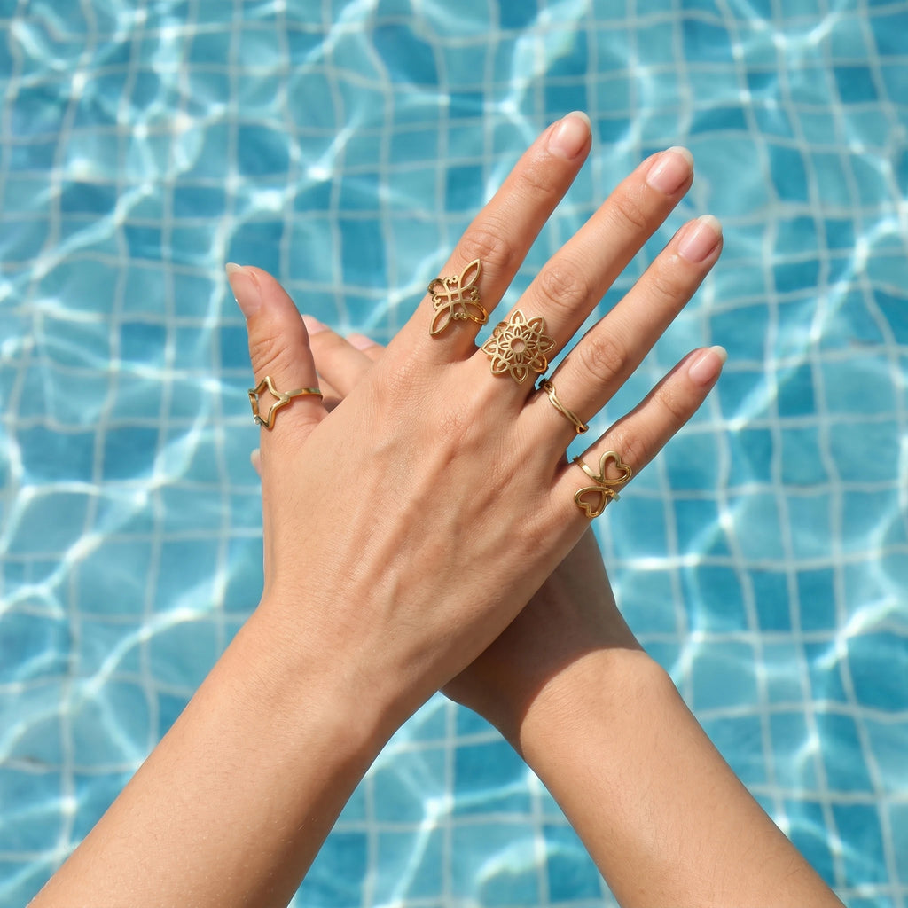 QIAOREN 5Pcs 18K Gold Plated Stainless Steel Open Ring Set, Adjustable Stackable Durable Finger Rings