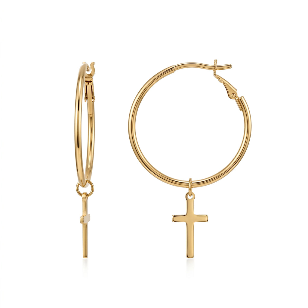 QIAOREN 10907 Women's Boho Style Cross Charm Hoop Earrings 18K Gold Plated Stainless Steel 0.3mm Thickness Beach Vacation Summer
