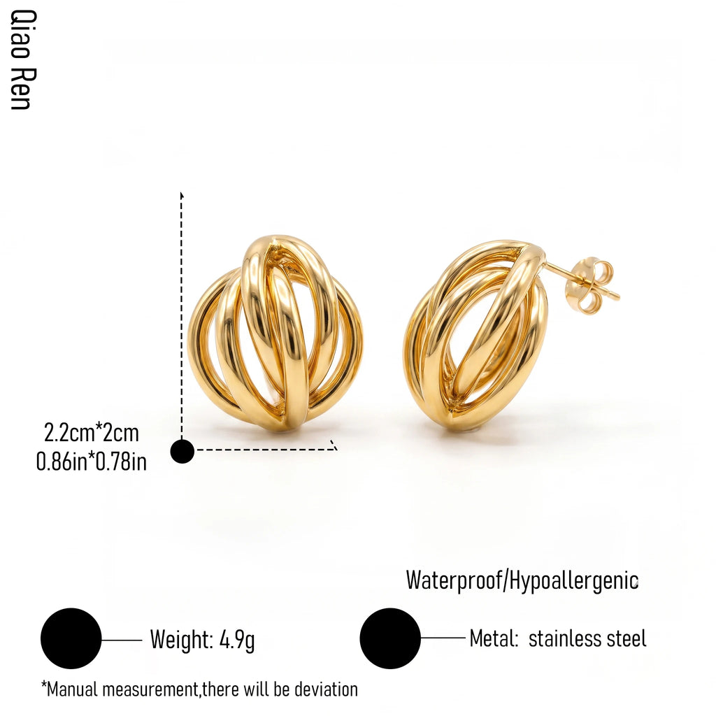 QIAOREN 14541 Twisted Knot Stud Earrings, Polished Gold Interlocked Hoop Earrings, Hypoallergenic Minimalist Statement Jewelry