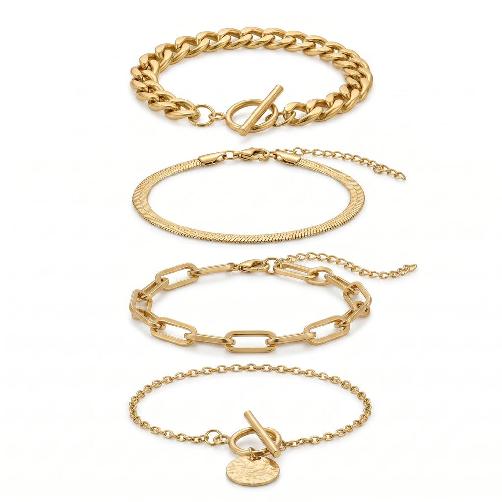 QIAOREN 11488 Trendy Stackable Gold Bracelet Set 4pcs Tarnish Free Stainless Steel Everyday Jewelry