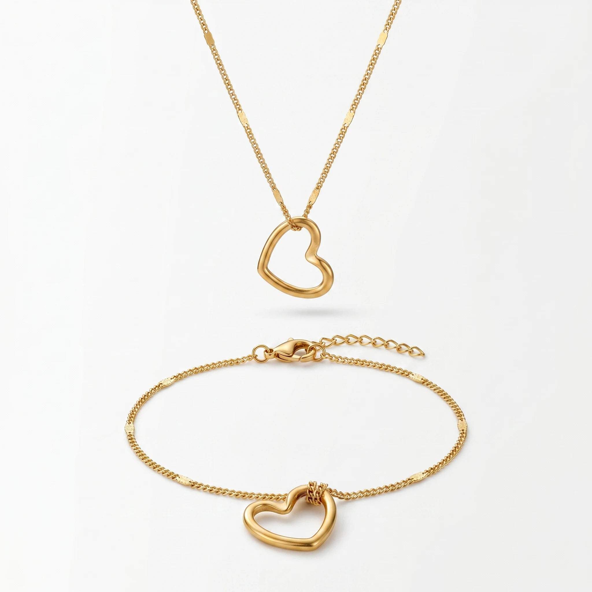 QIAOREN 10647 Irregular Hollow Heart Matching Jewelry Set 18K Gold Plated Stainless Steel No-Fade Necklace Bracelet Women