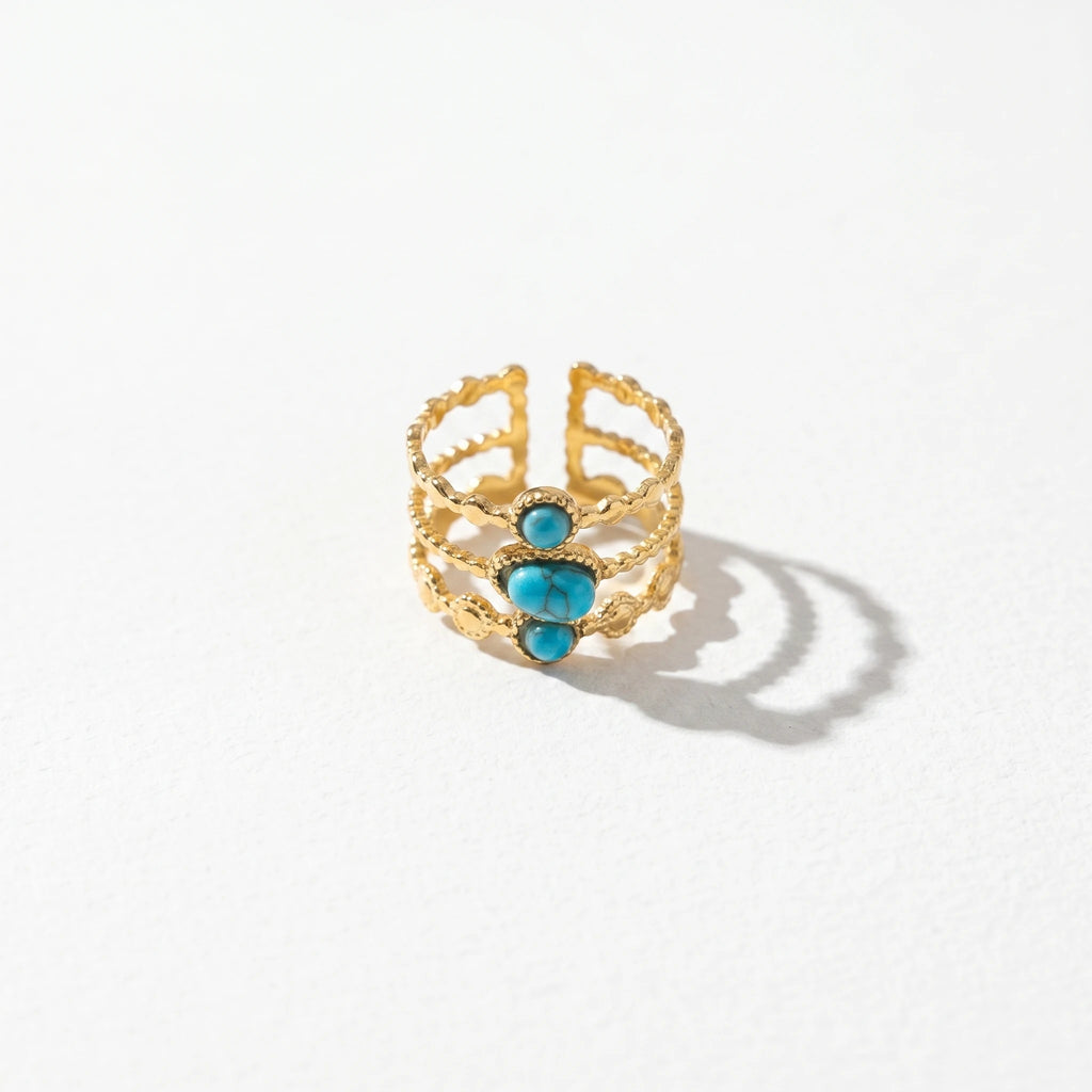 QIAOREN 13171-75 5Pcs Gold Stainless Steel Turquoise Open Ring Set Irregular Hammered Crown Adjustable Boho Stackable Rings