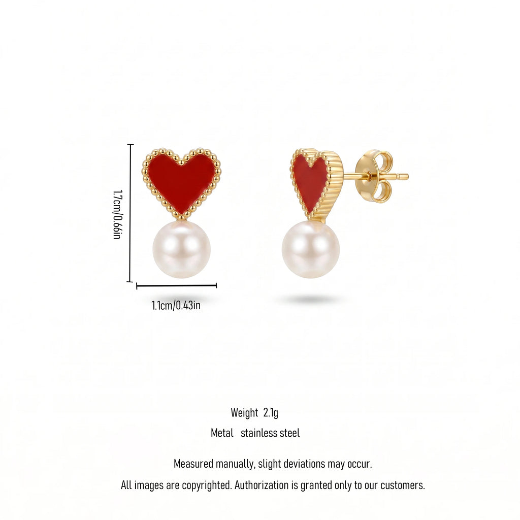 QIAOREN 13817 Beaded Border Red Enamel Heart Drop Stud Earrings with Dangling Single Smooth White Pearl