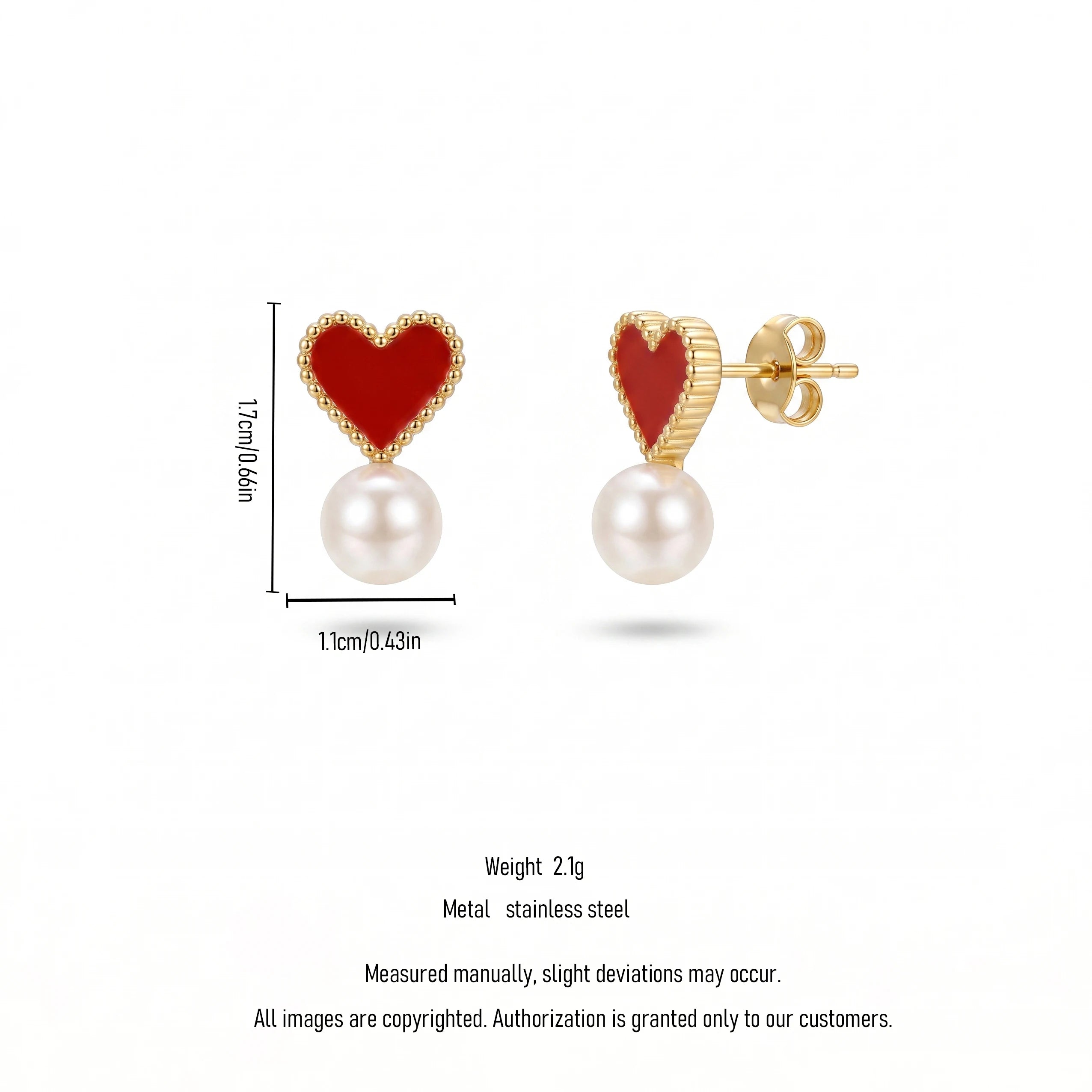 QIAOREN 13817 Beaded Border Red Enamel Heart Drop Stud Earrings with Dangling Single Smooth White Pearl