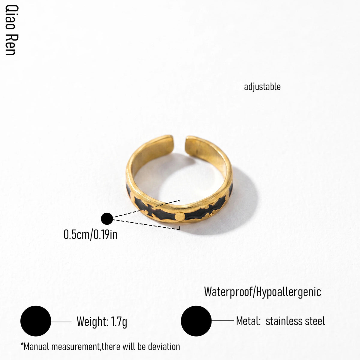 QIAOREN 14226-31 Black Enamel Irregular Wave Open Ring Set, Abstract Curved Adjustable Stackable Ring Jewelry Gift