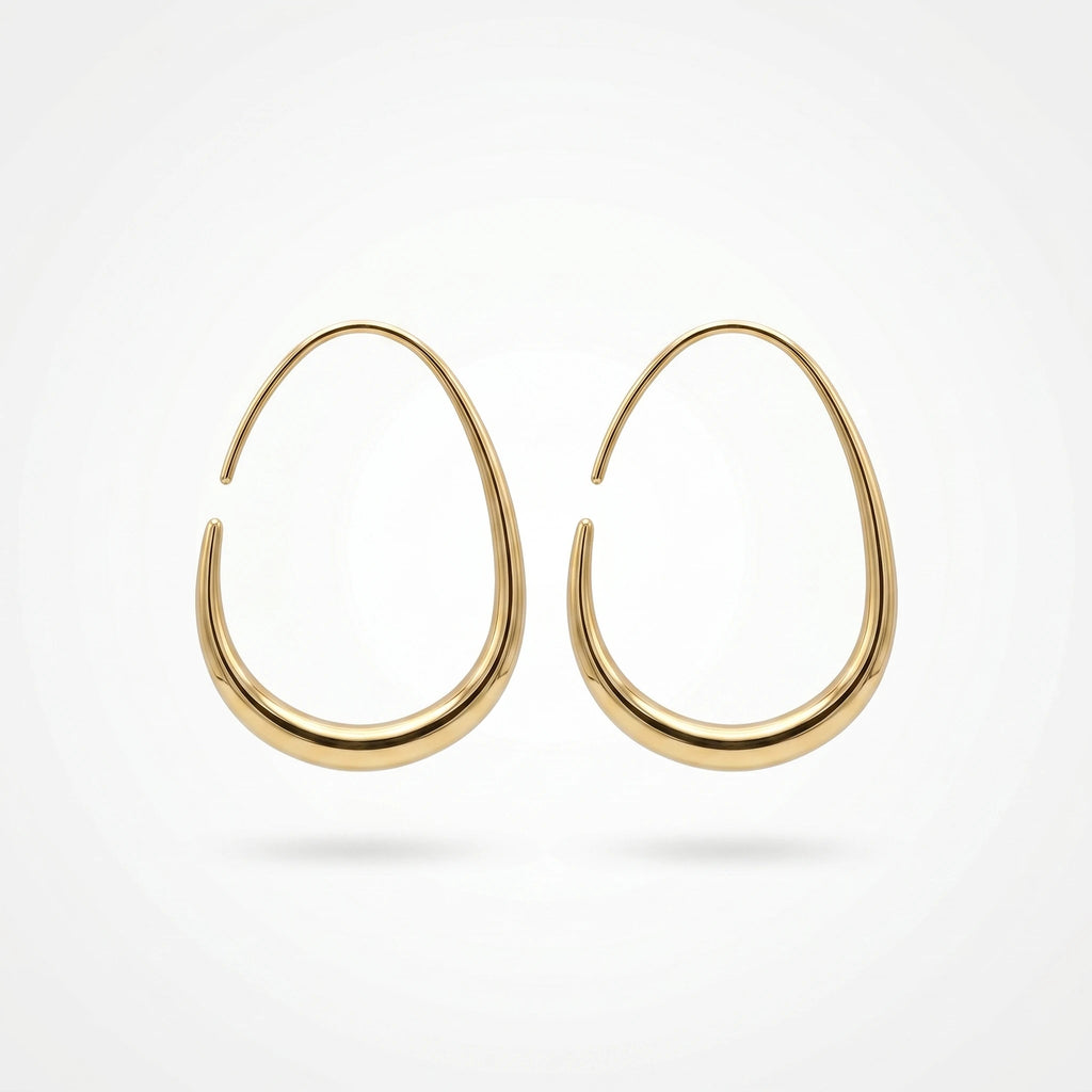 QIAOREN 12321 Waterproof Tarnish Free Open Drop Hoop Earrings Gold Stainless Steel Tapered Oval Egg Shaped Minimalist Jewelry