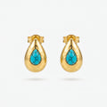 QIAOREN 13276 Gold Tone Hammered Teardrop Stud Earrings Inlaid Natural Turquoise Stone Water Drop Shape Clip Back Studs Bohemian