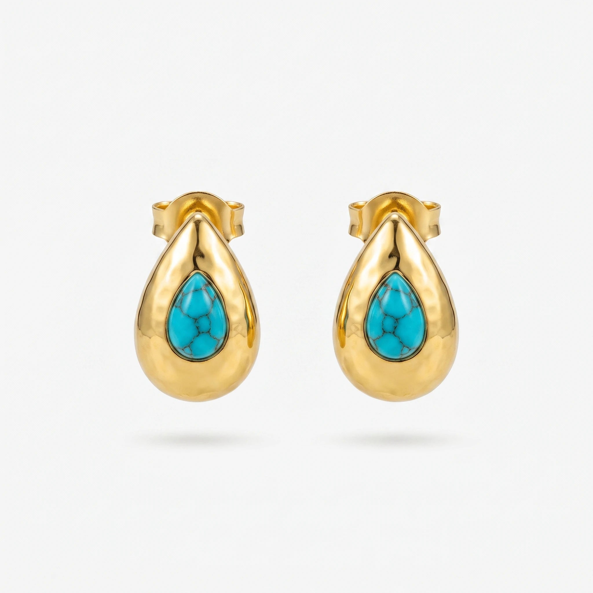 QIAOREN 13276 Gold Tone Hammered Teardrop Stud Earrings Inlaid Natural Turquoise Stone Water Drop Shape Clip Back Studs Bohemian