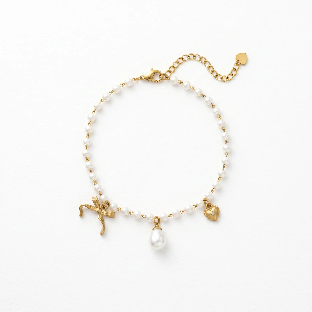QIAOREN 13325 Dainty Pearl Anklet with Bow, Teardrop Pearl & Rhinestone Heart Charms, Elegant Sweet Foot Jewelry Gift