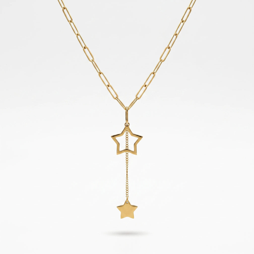 QIAOREN 13930 Paperclip Link Chain Lariat Y Drop Necklace with Hollow Open Star & Solid Flat Star Pendant