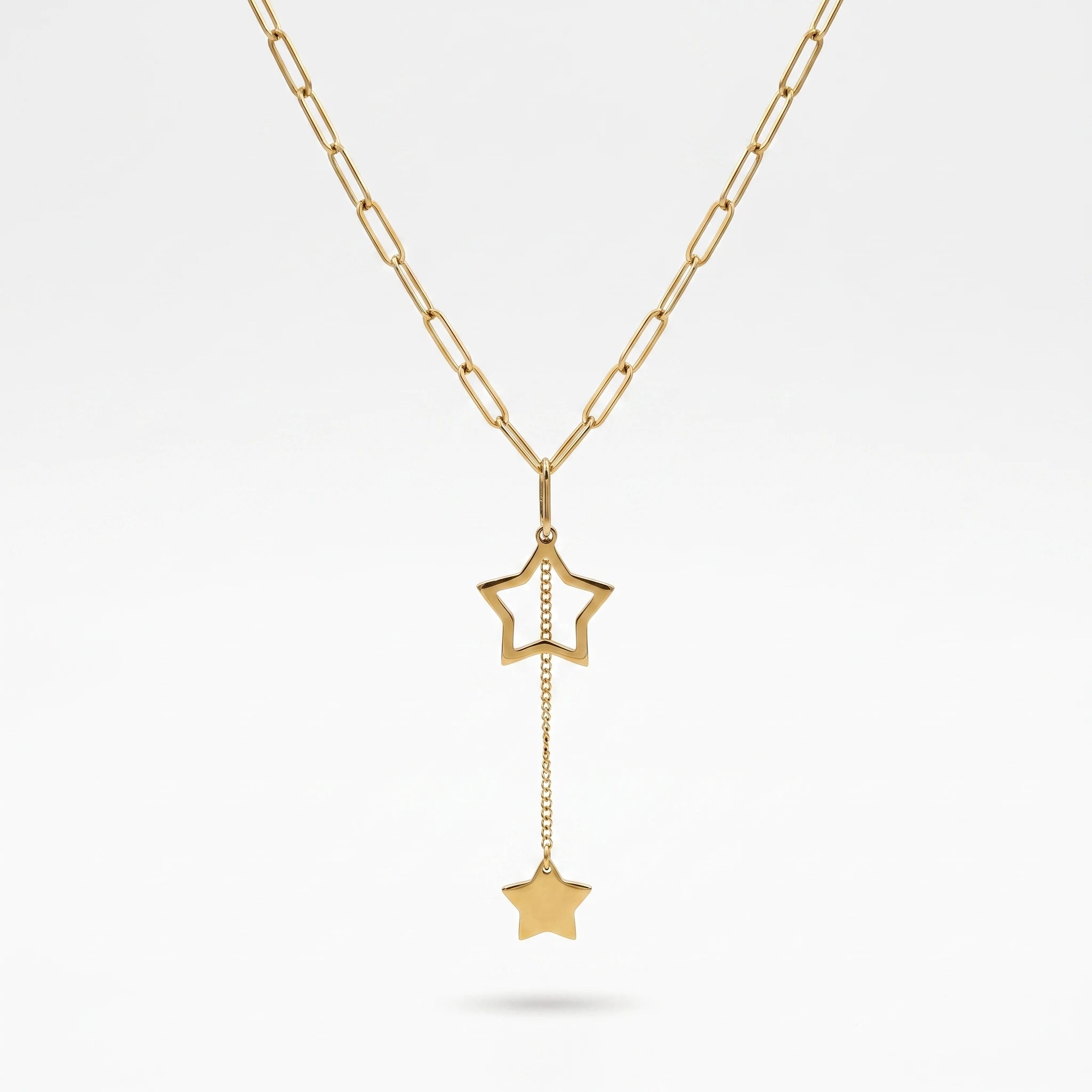QIAOREN 13930 Paperclip Link Chain Lariat Y Drop Necklace with Hollow Open Star & Solid Flat Star Pendant