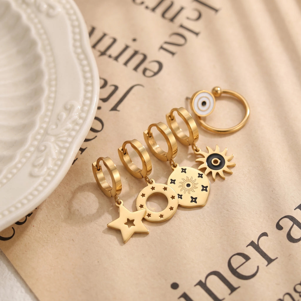 QIAOREN 14502 Stainless Steel Earring Set, Geometric Star Sun Pack Vintage Enamel Dangle Earrings Fashion Jewelry Gift