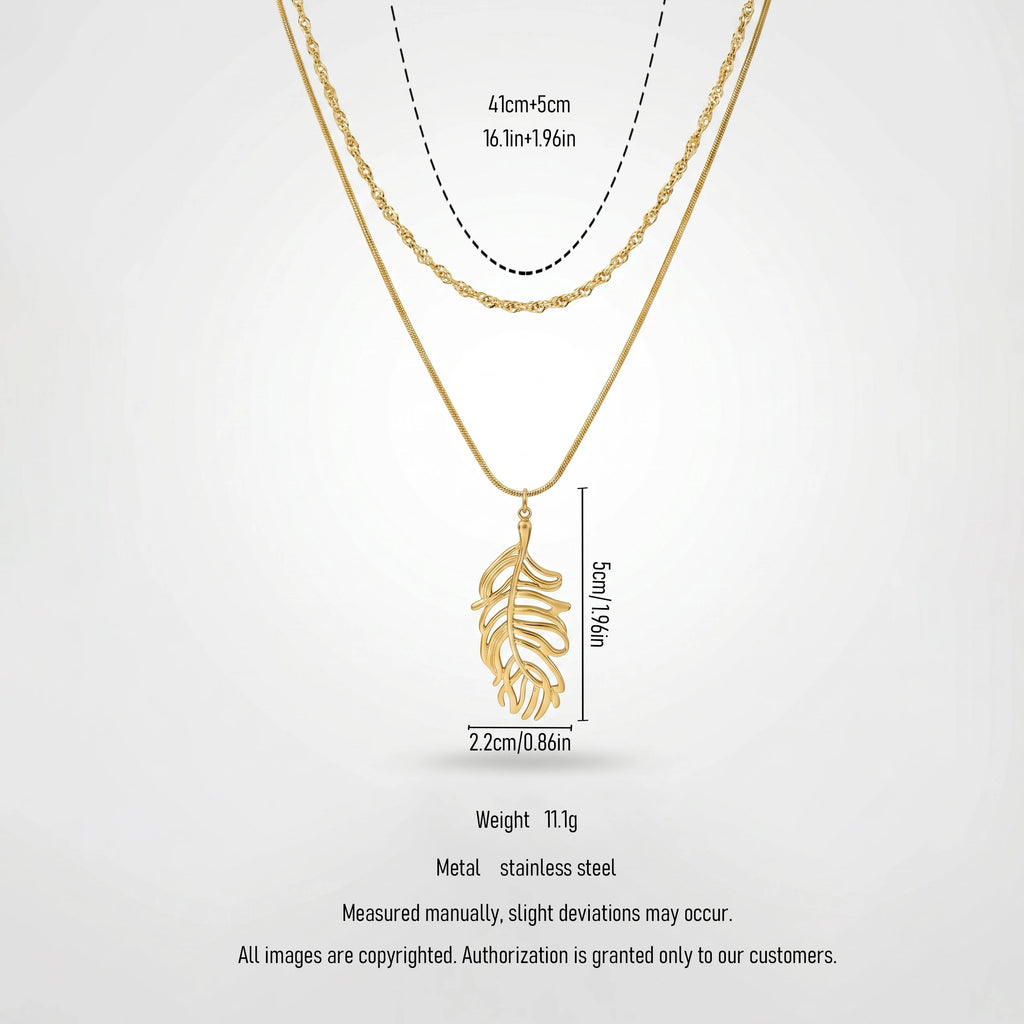 QIAOREN 11928 Elegant Double Layered Stainless Steel Leaf Necklace Gold Snake Twisted Chain  Jewelry Women EU US Hot Sell