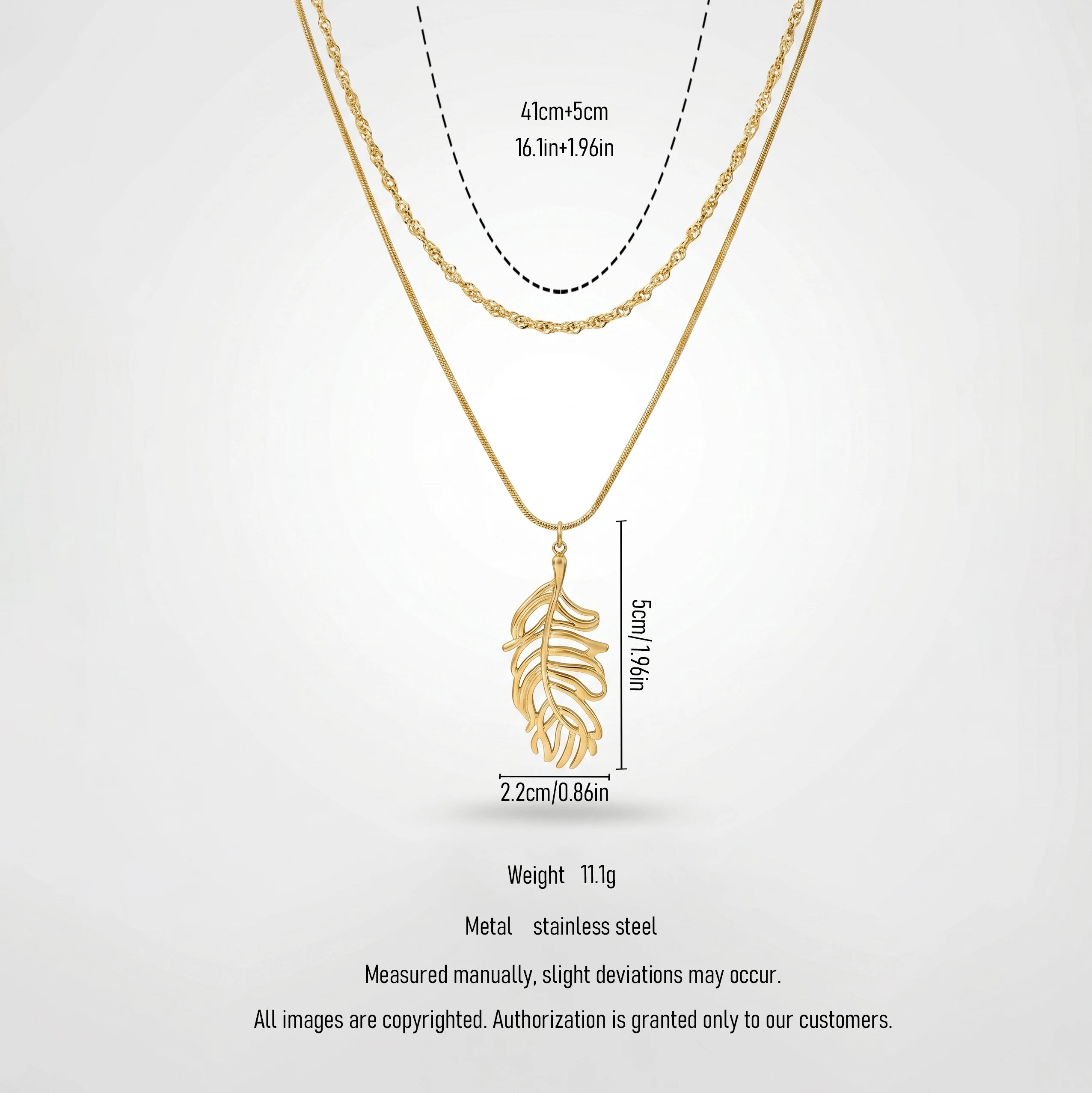 QIAOREN 11928 Elegant Double Layered Stainless Steel Leaf Necklace Gold Snake Twisted Chain  Jewelry Women EU US Hot Sell