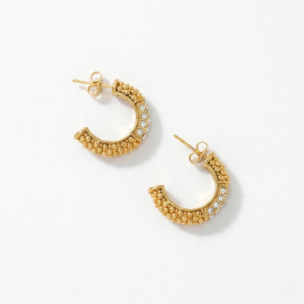 QIAOREN 12452  Gold Paved CZ Half Hoop Earrings Stainless Steel Beaded Textured Huggie Hoops Hypoallergenic Sparkly Jewelry