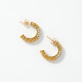 QIAOREN 12452  Gold Paved CZ Half Hoop Earrings Stainless Steel Beaded Textured Huggie Hoops Hypoallergenic Sparkly Jewelry