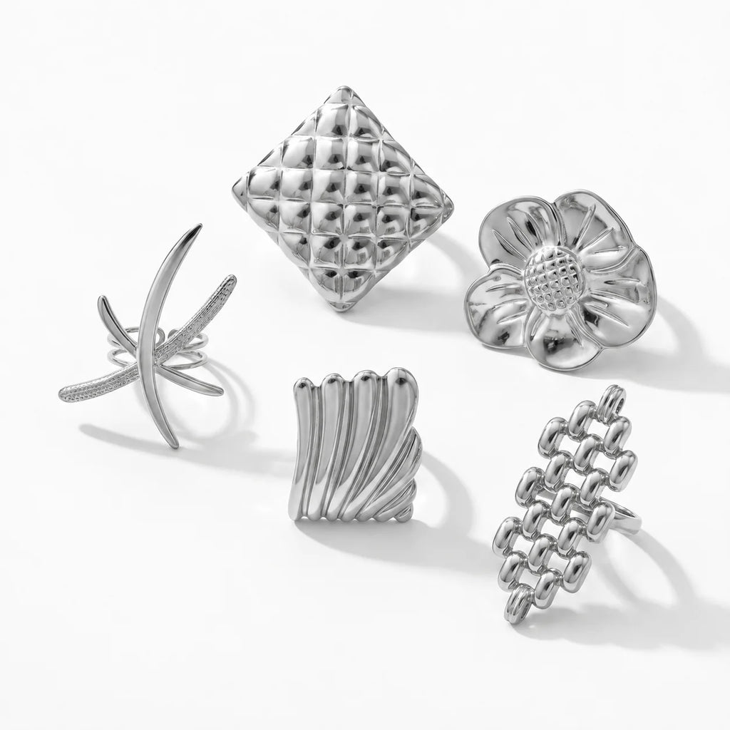 QIAOREN 14269-78 Vintage Textured Geometric Floral Open Cuff Ring Set, Adjustable Stackable Gold Tone Statement Rings