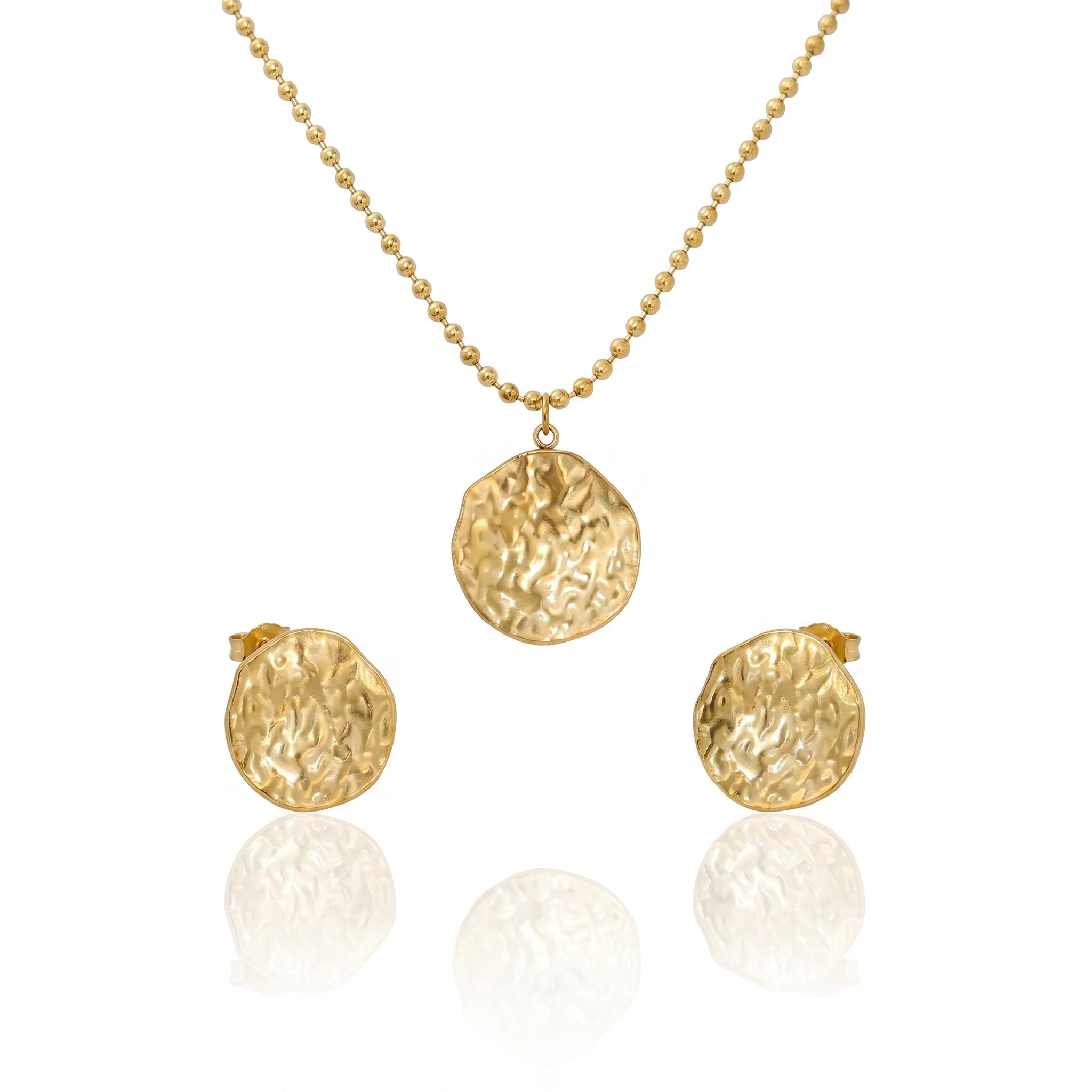 QIAOREN 11694 Tarnish Free 18K Gold Stainless Steel Hammered Disc Jewelry Set Ball Chain Necklace & Stud Earrings