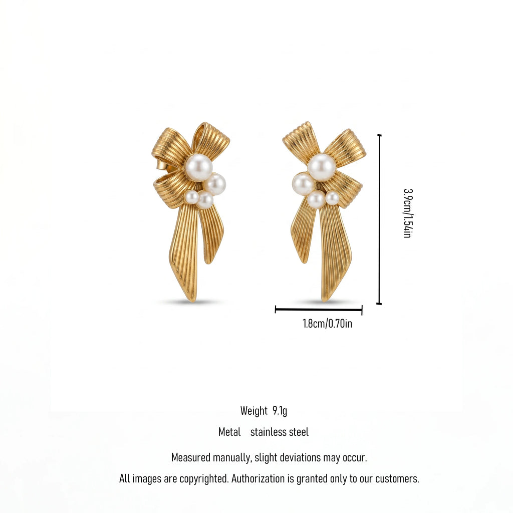 QIAOREN 12272 Waterproof Tarnish Free Ribbed Bow Earrings Gold Stainless Steel 5-Pearl Cluster Draping Bowknot Jewelry US EU