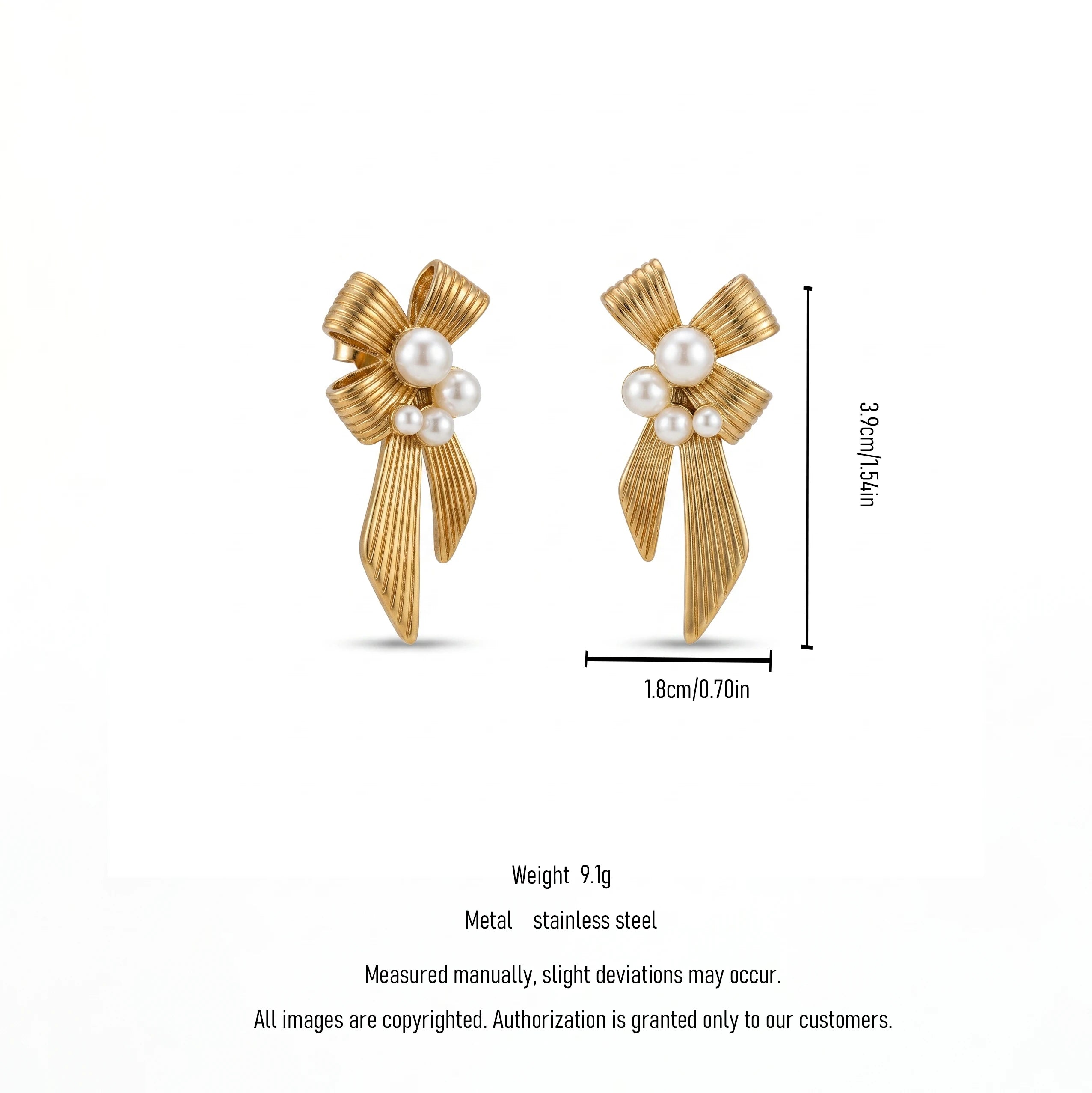 QIAOREN 12272 Waterproof Tarnish Free Ribbed Bow Earrings Gold Stainless Steel 5-Pearl Cluster Draping Bowknot Jewelry US EU